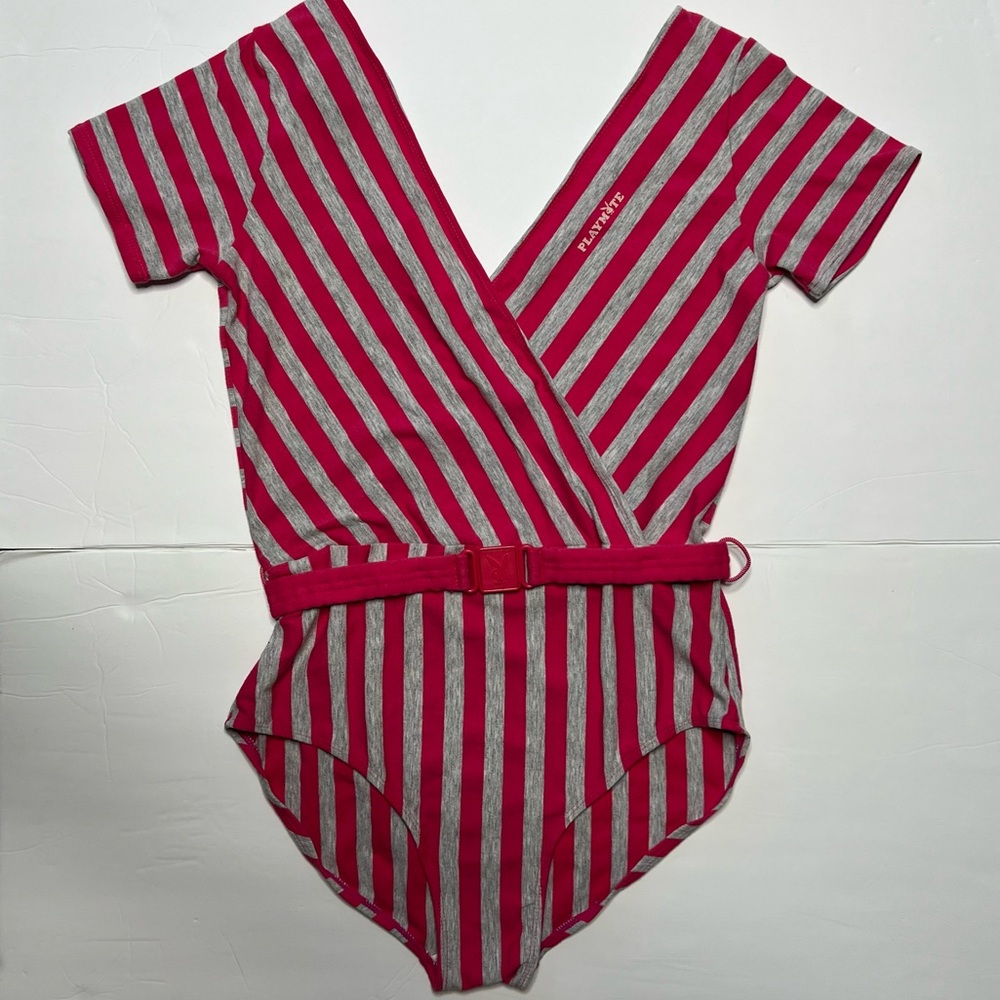 RARE Vintage Playboy Playmate Barbiecore Bodysuit Pink  Striped V-Neck Size L